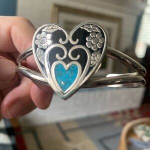 Vintage Heart Silver Cuff Bracelet - Heart has Turquoise Inlay - Beautiful